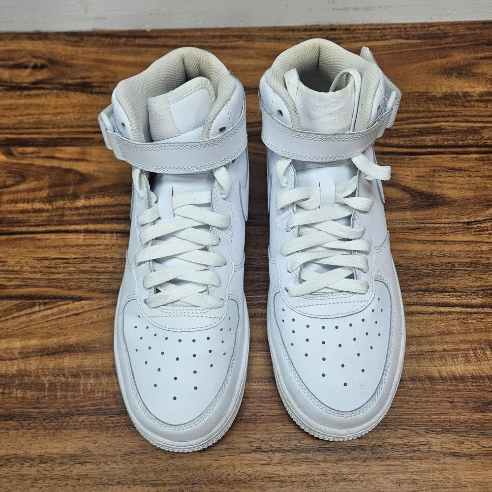 Nike Air Force 1 Mid GS Triple White Leather Sneakers 314195-113 Kids 7Y
